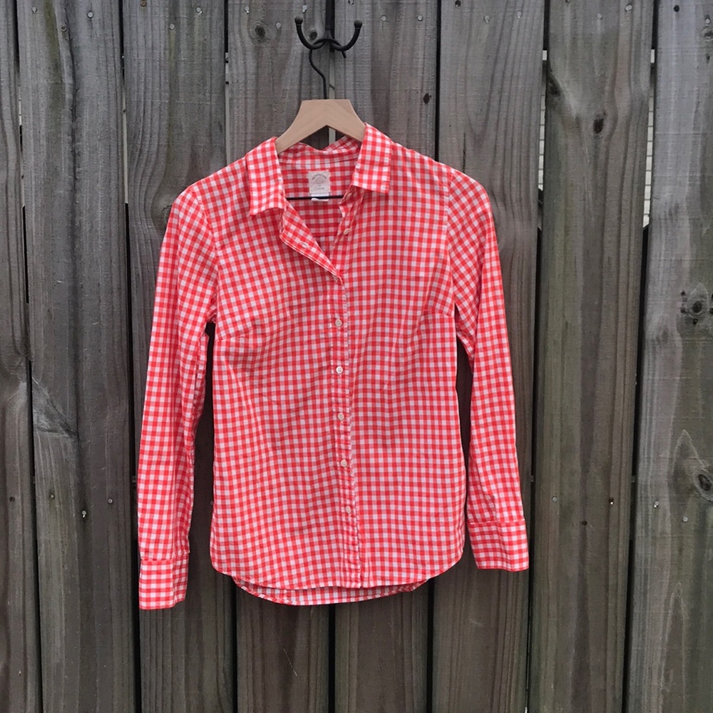 J. Crew Orange/White Gingham Button Down - Size 2 - Picture 4 of 7